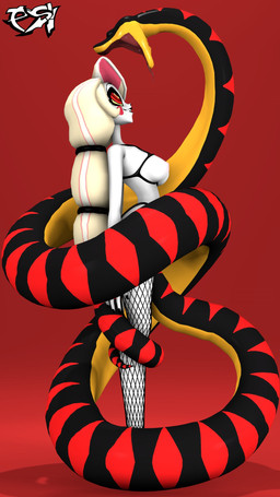 ambiguous_gender black_body black_fingernails black_nails blonde_hair clothing colored_nails duo female feral fingernails fishnet_clothing fishnet_legwear hair hypnosis legwear long_hair mind_control multicolored_body nails nipples red_body ringed_eyes standing vore white_body yellow_body psikokinetic sharkstuff_(modeler) hazbin_hotel hellaverse charlie_morningstar demon humanoid reptile scalie snake 2026 3d_(artwork) digital_media_(artwork) hi_res source_filmmaker_(artwork)