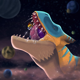 ambiguous_gender anthro bodily_fluids duo extreme_size_difference feral macro open_mouth planet saliva saliva_string size_difference space terra_macro vore tallion capcom monster_hunter mythology aero_(aeronus) grev_(greviste) dragon flying_wyvern mythological_creature mythological_scalie scalie tigrex 1:1 hi_res