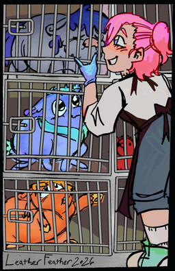 :3 ambiguous_feral ambiguous_gender ambiguous_human blue_hair blue_tail blush cage clothed clothed_human clothing eyes_closed feral gloves group hair handwear hooves in_cage light_body light_skin looking_at_another lying on_front orange_body pink_hair purple_body purple_hair purple_tail quadruped red_body sitting sleeping smile tail tied_hair yellow_hooves young young_ambiguous young_feral leatherfeather fluffy_pony fluffy_pony_(species) human jellenheimer mammal 2026 digital_media_(artwork) english_description hi_res