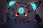 ambiguous_gender bed bioluminescence cellphone electronics feral fur furniture glowing glowing_body glowing_fur glowing_markings grey_body grey_fur kemono markings on_bed paws phone pillow plushie quilt smartphone solo under_covers inukami_hikari ikea nintendo pokemon blahaj eeveelution generation_2_pokemon pokemon_(species) shiny_pokemon umbreon 2022 digital_media_(artwork) hi_res