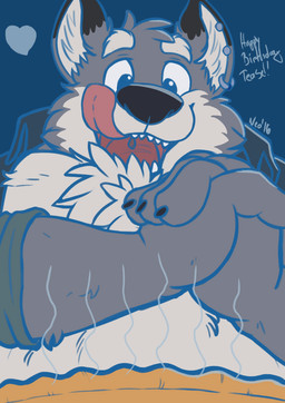 anthro black_claws black_finger_claws black_nose blue_background blue_outline chest_tuft claws clothed clothed_anthro clothed_male clothing collared_shirt countershade_face countershade_fur countershade_torso countershading dipstick_ears ear_markings ear_piercing ear_ring ear_stud eyebrows finger_claws fingers food fur grey_body grey_fur hands_together happy_birthday heart_symbol humanoid_hands interlocked_fingers licking licking_lips looking_at_food looking_at_object looking_down male male_anthro monotone_background multicolored_body multicolored_ears multicolored_fur open_clothing open_mouth open_shirt open_smile open_topwear outline pastry pie piercing pink_tongue ring_piercing rolled_up_sleeves shirt simple_background smile solo teeth text tongue tongue_out topwear tuft uvula white_body white_countershading white_eyebrows white_fur white_inner_ear pocketcat teaselbone_(character) canid canine canis mammal wolf 2016 digital_drawing_(artwork) digital_media_(artwork) flat_colors half-length_portrait handwritten_text portrait signature