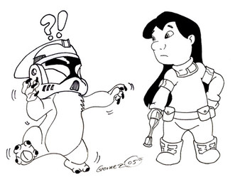 4_fingers 4_toes ambiguous_gender armor boots chest_tuft claws clothed clothing cosplay costume duo feet female fingers footwear fur hair headgear helmet interrobang long_hair looking_at_another mostly_nude shoes simple_background standing toes tuft white_background young darthzemog disney lilo_and_stitch star_wars clone_trooper lilo_pelekai padme_amidala stitch_(lilo_and_stitch) alien experiment_(lilo_and_stitch) human mammal 2005 black_and_white monochrome