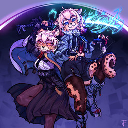 anthro clothed clothing cosplay duo female fur hair holding_object holding_weapon markings melee_weapon smile spots spotted_body spotted_fur sword weapon yellow_body yellow_fur juantriforce mihoyo zenless_zone_zero aurora_(spacecamper) tara_(spacecamper) cheetah felid feline mammal 1:1 digital_media_(artwork) hi_res