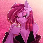 anthro anthrofied bedroom_eyes breasts cleavage clothed clothing dress drinking drinking_straw female fur glass_tumbler hair narrowed_eyes pink_body pink_eyes pink_fur pink_hair seductive solo unfinishedheckery friendship_is_magic hasbro my_little_pony berry_punch_(mlp) earth_pony equid equine horse mammal pony 1:1 hi_res