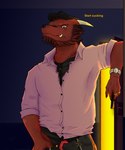 anthro beard bottomwear clothing facial_hair genitals horn humanoid_hands male pants penis red_body scar shirt solo text topwear szremna mythology password_(visual_novel) memphis_(password) dragon mythological_creature mythological_scalie scalie 2021 absurd_res english_text hi_res