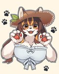 4_fingers anthro big_breasts black_nose blonde_hair blush breasts brown_body brown_fur brown_hair claws cleavage clothed clothing dress fangs female finger_claws fingers fur hair hat headgear headwear heart_catchlight heart_symbol kemono looking_at_viewer multicolored_body multicolored_fur multicolored_hair open_mouth orange_eyes paw_symbol pawpads simple_background snout solo string_bow sun_hat teeth white_body white_fur shuyara chunithm chunithm_luminous sega sega_fave inuko_mimimi_(sega) canid canine canis domestic_dog mammal 2023 half-length_portrait hi_res portrait