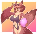 anthro ball beach_ball belly_cutout big_breasts breasts clothing cutout eyewear eyewear_on_head female inflatable navel_cutout one-piece_swimsuit simple_background solo sunglasses sunglasses_on_head swimwear wide_hips dobrota maya_(yasu) avian bird hi_res