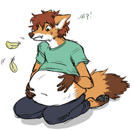 anthro bodily_fluids brown_hair burping burping_up_feather clothed clothing digestion_implied feathers hair hand_on_belly kneeling looking_at_belly male solo sweat sweatdrop vore 934 canid canine fox mammal 2016 story story_in_description