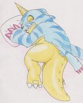 animal_skin anthro blush claws eyes_closed fur male pillow sleeping slightly_chubby solo striped_body striped_fur stripes tabasukotrr bandai_namco digimon digimon_(species) gabumon scalie hi_res traditional_media_(artwork)