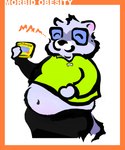 anthro belly border clothed clothing eyes_closed eyewear food glasses male obese obese_anthro obese_male overweight overweight_anthro overweight_male parody shirt simple_background smile solo text topwear larathelabrat ness_(larathelabrat) mammal procyonid raccoon english_text