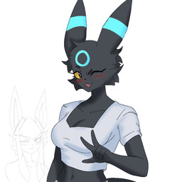 anthro athletic athletic_anthro athletic_female black_body black_fur blue_body blue_fur blush blush_lines breasts cheek_tuft cleavage clothed clothing duo eyelashes facial_tuft fangs female female_anthro fur gesture hand_gesture head_tuft markings medium_breasts midriff navel one_eye_closed open_mouth open_smile pokemorph ring_(marking) simple_background smile tail teeth tuft v_sign wink yellow_sclera mun_rue nintendo pokemon eeveelution generation_2_pokemon generation_4_pokemon glaceon pokemon_(species) shiny_pokemon umbreon 1:1 2026 digital_drawing_(artwork) digital_media_(artwork)