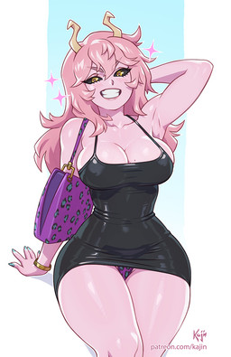 big_breasts biped black_clothing black_sclera blush blush_lines breasts clothed clothed_female clothed_humanoid clothing eyelashes female female_humanoid hair hand_behind_head horn long_eyelashes long_hair looking_at_viewer pink_body pink_hair pink_skin raised_arm smile solo text underwear yellow_eyes kajinman my_hero_academia ashido_mina horned_humanoid humanoid quirked_human_(my_hero_academia) 2026 hi_res url