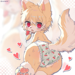 anthro bangs biped black_nose blonde_hair blurred_background blush blush_lines bodily_fluids bottomwear bulge cheek_tuft cherry_panties cherry_pattern cherry_pattern_panties cherry_pattern_underwear cherry_underwear childish_panties childish_underwear circle_eyebrows claws clothed clothing colored_edge_panties colored_edge_underwear crossdressing crossdressing_male dipstick_ears ear_markings eyebrows facial_tuft fangs feet frilly frilly_clothing frilly_panties frilly_underwear fur green_clothing green_panties green_underwear hair hair_between_eyes heart_symbol hindpaw leg_markings looking_back male male_anthro markings multicolored_body multicolored_ears multicolored_fur open_mouth panties panties_only pattern_bottomwear pattern_clothing pattern_panties pattern_underwear pawpads paws pink_inner_ear pink_pawpads raised_tail red_eyes simple_background socks_(marking) solo sweat sweaty_legs tail tan_body tan_ear_tips tan_eyebrows tan_fur tan_tail teeth toe_claws topless tuft two_tone_tail underwear underwear_only yellow_body yellow_ears yellow_fur yellow_tail young young_anthro young_male angrygentoo canid canine fox mammal 1:1 2025 hi_res