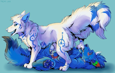 2_tails 4_toes animal_genitalia animal_penis balls blue_background blue_body blue_eyes blue_fur bodily_fluids canine_genitalia canine_penis claws cum cum_in_sheath cum_inside docking drooling duo erection feet feral feral_on_feral foot_fetish foot_lick foot_play fur genital_fluids genitals licking lying male male/male male_penetrated male_penetrating male_penetrating_male markings multi_tail nude on_back open_mouth pawpads penetration penile penis saliva sex sheath sheath_penetration sheath_play sheath_sex simple_background standing tail teeth toes tongue tongue_out white_body white_fur marjani etis kitsunal_(character) canid canine fox mammal 2019 digital_media_(artwork) hi_res