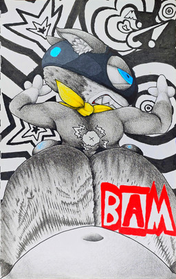 anthro belly blue_eyes butt circle duo heart_symbol impact_lines inner_ear_fluff kerchief male male/male navel star text tuft yellow_kerchief marthan_crowl_(artist) atlus megami_tensei persona_(series) persona_5 sega morgana_(persona) felid feline mammal absurd_res hi_res