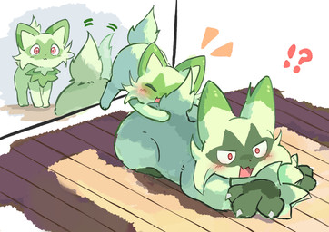ambiguous_gender anthro attacked blush blush_lines butt claws duo emanata embarrassed eyes_closed feral fur green_body green_fur interrobang lying on_front open_mouth paws pink_eyes tail tail_motion chaco_(illustrattyako) nintendo pokemon felid feline floragato generation_9_pokemon mammal pokemon_(species) sprigatito 2025 absurd_res hi_res