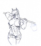 abs biceps big_breasts bottomwear breasts bucket clothing container eyewear female glasses mane muscular muscular_female nipples shorts solo topwear torn_clothing vest dalus equid equine horse mammal monochrome sketch