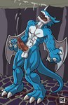 anthro balls bodily_fluids cave cum cum_on_ceiling cum_on_face cumshot ejaculation erection genital_fluids genitals horn humanoid_genitalia humanoid_penis male muscular muscular_male penis red_eyes solo tail vein veiny_penis wings flufdustbunny bandai_namco digimon digimon_(species) exveemon 2014