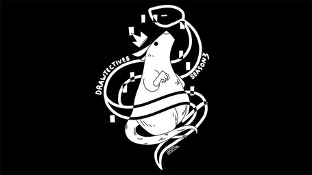 ambiguous_gender beady_eyes black_background crown dot_eyes feet feral floating fur glitch headgear simple_background simple_eyes snout tail text toes white_body white_fur julia_lepetit drawfee_(copyright) drawtectives mammal rodent black_and_white english_text monochrome