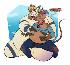 anthro aroused assimilation belly belly_grab big_belly dominant duo erection larger_dom male male/male on_lap overweight overweight_anthro overweight_male precum_stain sitting_on_lap size_difference smile thick_thighs weight_difference weight_gain respecies bandai_namco digimon trevor-fox_(character) digimon_(species) gomamon house_mouse mammal mouse murid murine rodent
