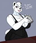 bar bartender big_breasts breasts cleavage clothed clothing dialogue female hair huge_breasts solo text white_hair jwinkz nadenka_(jwinkz) bear mammal polar_bear ursine 2018 absurd_res english_text hi_res