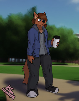 ambiguous_gender anthro bottomwear clothing coffee_cup college container cup pants school shirt solo standing sweatpants sweatshirt tired topwear lonnyk lani_(lonnyk) canid canine canis domestic_dog mammal hi_res