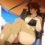 anthro beach beach_towel beach_umbrella big_breasts big_butt bikini breasts brown_hair butt clothing cloven_hooves day digit_ring female finger_ring fingers fur green_eyes hair hooves horn jewelry looking_at_viewer necklace outside parasol ring sky smile solo swimwear tan_body tan_fur thick_thighs towel two-piece_swimsuit 00niine hannah_(ensodonut) bovid caprine goat mammal 1:1 digital_media_(artwork) hi_res