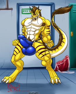 3_toes 5_fingers abs anthro armpit_hair balls beard biceps big_bulge big_penis biped blue_eyes body_hair brown_body brown_hair brown_skin bulge clothed clothing detailed_bulge door erection facial_hair feet fingers fist flexing genital_outline genitals grin gym hair jockstrap locker looking_down male multicolored_body multicolored_skin muscular muscular_anthro muscular_male penis penis_outline sharp_teeth smile solo stripes tail teeth tight_underwear toes topless two_tone_body two_tone_skin underwear white_body white_skin yellow_body yellow_skin hungothenomster asian_mythology east_asian_mythology mythology serith dragon eastern_dragon mythological_creature mythological_scalie scalie 2018