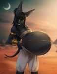 anthro belly big_belly black_hair black_nose blurred_background eyelashes female grey_body hair huge_belly long_hair moon mouth_closed outside pregnant pregnant_anthro pregnant_female pupils sky slit_pupils solo standing star yellow_eyes tiggybloom anubian_jackal canid canine canis jackal mammal hi_res portrait three-quarter_portrait