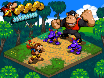 3_toes ambiguous_gender backpack barefoot beak claws cloud feet gameplay_mechanics group gui health_bar male muscular muscular_male musical_instrument parody plant pose sky toes tree sovanjedi banjo-kazooie mario_bros nintendo rareware super_mario_rpg_legend_of_the_seven_stars banjo_(banjo-kazooie) conga_(banjo-kazooie) kazooie ape avian bear bird breegull gorilla grublin_(banjo-kazooie) haplorhine mammal primate 4:3 crossover digital_media_(artwork) pixel_(artwork)