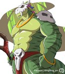 anthro biped countershade_face countershade_neck countershade_torso countershading dingding_(artist) green_body hi_res lihzahrd lizard low-angle_view male muscular muscular_anthro muscular_male pecs reptile scalie solo striped_body stripes tail terraria witch_doctor_(terraria)