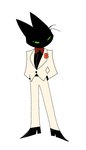 anthro black_body black_eyes black_fur black_tie_(suit) bottomwear classy clothed clothing coat dress_shirt flower footwear fur green_sclera hand_in_pocket hands_in_both_pockets jacket looking_at_viewer male pants plant pockets pupils shirt shoes simple_background slit_pupils solo standing suit topwear whiskers white_background white_tuxedo unknown_artist cartoon_network mao_mao:_heroes_of_pure_heart sheriff_mao_mao_mao domestic_cat felid feline felis mammal hi_res