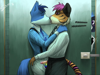 accessory anthro clothing duo_focus erection genitals group humanoid_genitalia humanoid_penis male male/male necktie passionate penis rainbow romantic suit trio slavor_gayer_(slavor) slawomirr canid canine canis felid fox humanoid mammal pantherine tiger wolf hi_res