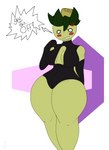 anthro bodysuit clothing dot_eyes female gloves green_body handwear no_shading simple_background skinsuit solo tight_clothing frogcock nintendo pokemon generation_9_pokemon pokemon_(species) smoliv hi_res