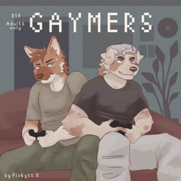 anthro big_bulge blush blush_lines bulge controller detailed_bulge duo erection gaming genital_outline leaning_on_another male male/male penis_outline playing_video_game shy sitting text flokyss canid canine mammal 1:1 english_text hi_res