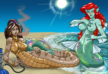 5_fingers alternate_species apode arm_fin arm_support beach big_breasts bite biting_lip biting_own_lip black_hair blue_sky blush breasts brown_eyes conjoined duo ear_piercing eyebrows eyelashes female fin fingers green_body green_scales green_tail hair hookah legless lips looking_at_another looking_at_viewer nipples non-mammal_breasts non-mammal_nipples outside partially_submerged piercing red_hair scales seaside self_bite serpentine sky split_form sun tail what why wide_hips doomington disney disney's_aladdin the_little_mermaid_(1989) ariel_(disney) princess_jasmine_(disney) aquatic draconcopode lamia merfolk reptile scalie snake crossover full-length_portrait portrait