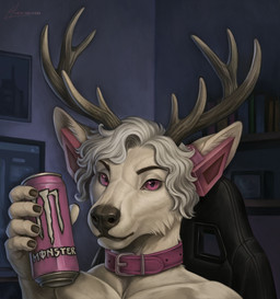 2_horns 5_fingers anthro antlers beverage beverage_can black_horn black_lips black_nails black_nose can chair cheek_tuft collar colored_nails computer container detailed_background electronics energy_drink eyebrows facial_tuft fingers fur furniture gaming_chair glistening glistening_eyes grey_hair hair headphones holding_container holding_object horn hyper_realistic inner_ear_fluff inside lips looking_at_viewer male male_anthro monitor monotone_body monotone_fur nails pink_eyes purple_collar sitting solo technology text tuft white_body white_fur conditional_dnp kiras_arkaneks monster_energy gooddeer deer mammal new_world_deer reindeer bust_portrait detailed digital_drawing_(artwork) digital_media_(artwork) digital_painting_(artwork) english_text hi_res painting_(artwork) portrait signature