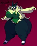 anthro big_breasts blush breasts clothing female green_body green_hair hair huge_breasts huge_hips huge_thighs hyper hyper_hips hyper_thighs leotard mask red_eyes solo thick_thighs wide_hips atsuineko nintendo pokemon generation_9_pokemon meowscarada pokemon_(species) hi_res