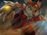 anthro aviator_cap cheek_tuft clenched_teeth clothed clothing crouching facial_tuft female fur gloves handwear hat headgear headwear mechanical_arm outside solo teeth tight_clothing tuft zipper kalk427 awesomenauts penny_fox canid canine fox mammal 4:3 hi_res