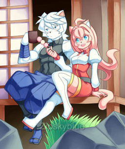 anthro container cup dango_(food) duo female food fur holding_container holding_cup holding_food holding_mug holding_object male male/female mug pink_body pink_fur white_body white_fur zipskyblue akira_(zipskyblue) meredith_(zipskyblue) absurd_res hi_res