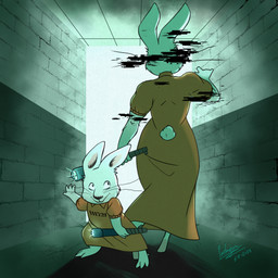 anthro duo electroshock_weapon female fur hallway prison_uniform prisoner scut_tail short_tail smile stun_baton tail weapon whiskers white_body white_fur patagum marx_and_rhubarb max_and_ruby nelvana rosemary_wells youtube youtube_poop rhubarb_(marx_and_rhubarb) ruby_(max_and_ruby) lagomorph leporid mammal rabbit absurd_res hi_res