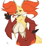 anthro big_breasts biped black_body breasts featureless_breasts female fur gesture hanging_breasts looking_at_viewer orange_body orange_eyes orange_fur simple_background smile solo waving waving_at_viewer white_background yellow_body yellow_fur rottenarmor nintendo pokemon delphox generation_6_pokemon pokemon_(species) hi_res