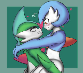 blush duo gynomorph intersex intersex/male lifting_partner male smile smug_grin rovgrinski nintendo pokemon gallade gardevoir generation_3_pokemon generation_4_pokemon humanoid pokemon_(species) shiny_pokemon absurd_res hi_res