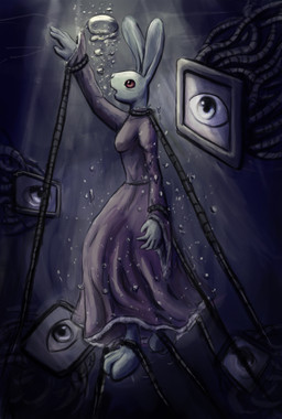 anthro asphyxiation barefoot being_watched bound breasts bubble buckteeth clothing dress drowning electronics feet female fully_submerged grey_eyes horror_(theme) looking_at_another medium_breasts pulled_under purple_clothing purple_dress red_eyes screen teeth underwater water wire logan_galloway ruby_quest ruby_(rq) hare lagomorph leporid mammal 2013 digital_media_(artwork) digital_painting_(artwork) hi_res painting_(artwork)