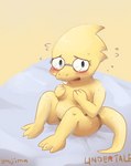 anthro bed belly blue_eyes blush bodily_fluids breasts buckteeth covering covering_breasts covering_self embarrassed eyewear female flustered furniture glasses looking_at_viewer nervous non-mammal_breasts nude on_bed scales sitting slightly_chubby slightly_chubby_female solo sweat sweatdrop tail teeth thick_tail yellow_body yellow_scales yajima undertale undertale_(series) alphys reptile scalie hi_res