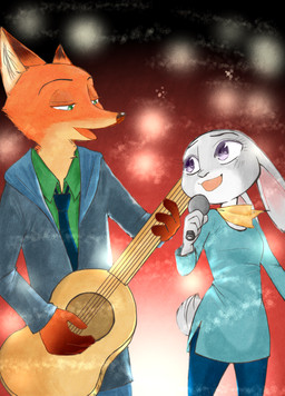abstract_background acoustic_guitar anthro clothed clothing duo electronics eye_contact female fully_clothed fur green_eyes grey_body grey_fur guitar holding_object looking_at_another male microphone musical_instrument orange_body orange_fur plucked_string_instrument purple_eyes singing string_instrument sou disney zootopia judy_hopps nick_wilde canid canine fox lagomorph leporid mammal rabbit red_fox true_fox