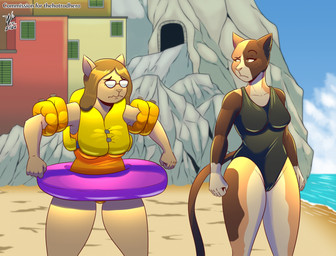 anthro beach breasts camel_toe clothing duo eyewear female fur glasses half-closed_eyes humor inflatable inner_tube looking_at_another narrowed_eyes one-piece_swimsuit outside pool_toy sand seaside standing swim_ring swimwear tail water wearing_glasses denlusty on_your_tail chea_(on_your_tail) peina_(on_your_tail) domestic_cat felid feline felis mammal digital_media_(artwork) hi_res