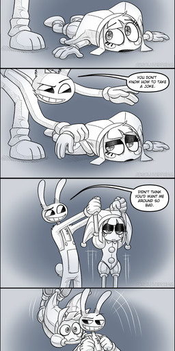 annoyed anthro carrying_another clothed clothing dialogue female fool's_hat fools hat headgear headwear jester lying male on_front open_mouth scared smile standing text walking absolutedream glitch_productions the_amazing_digital_circus jax_(tadc) pomni_(tadc) human lagomorph leporid mammal rabbit absurd_res comic english_text hi_res long_image tall_image