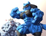 5:4 abs anthro biceps big_biceps big_muscles big_pecs biped blue_body blush canid canine cute_fangs digital_media_(artwork) duo flexing flexing_bicep generation_1_pokemon generation_4_pokemon grey_body grin heart_symbol hi_res huge_muscles infatuation kuroma looking_at_viewer low-angle_view machop male mammal muscular muscular_anthro muscular_arms muscular_male muscular_thighs nintendo nipples pecs pokemon pokemon_(species) portrait pose red_eyes riolu simple_background sitting smile standing teeth three-quarter_portrait vein veiny_muscles white_background