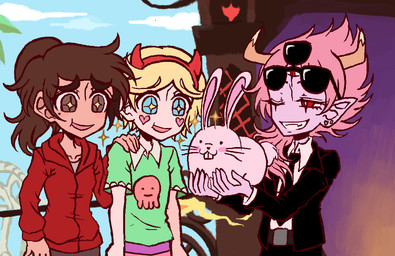 2_horns 3_eyes ambiguous_gender clothing crossgender female femboy feral ftm_crossgender group hair horn humanoid_pointy_ears male mtf_crossgender multi_eye not_furry_focus pointy_ears ponytail smile suit yumichen disney star_vs._the_forces_of_evil marco_diaz star_butterfly tom_lucitor demon demon_humanoid horned_humanoid human humanoid lagomorph leporid mammal mewman rabbit